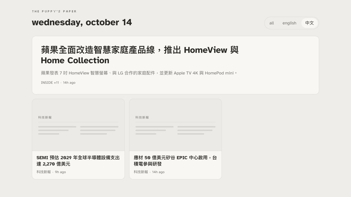 the puppy's paper 的畫面：當天的中文科技新聞，頭條把十二篇相關報導整理成一則